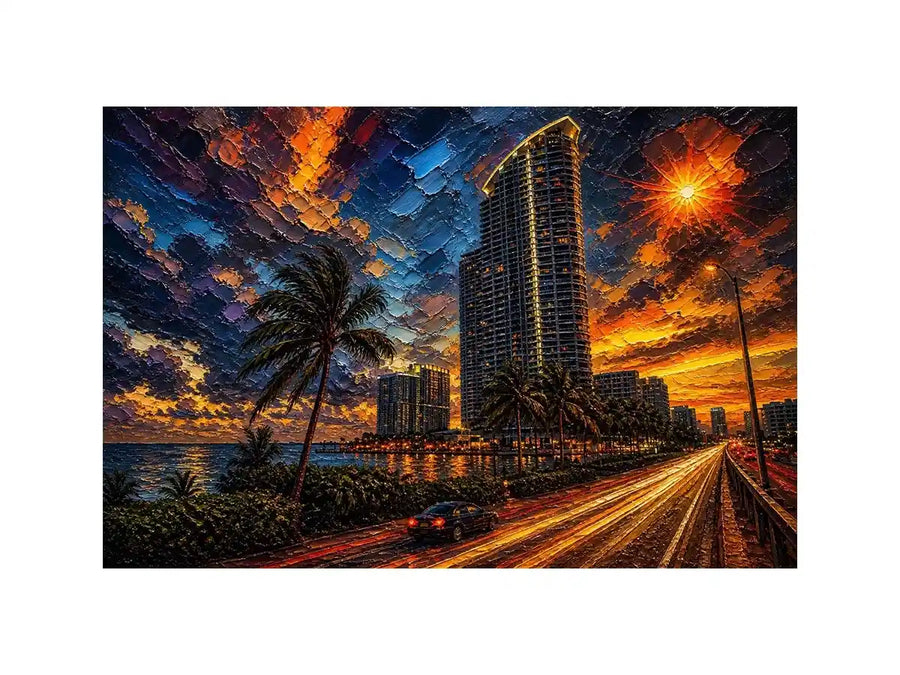 Miami skyline sunset with palm trees and glowing highway light trails