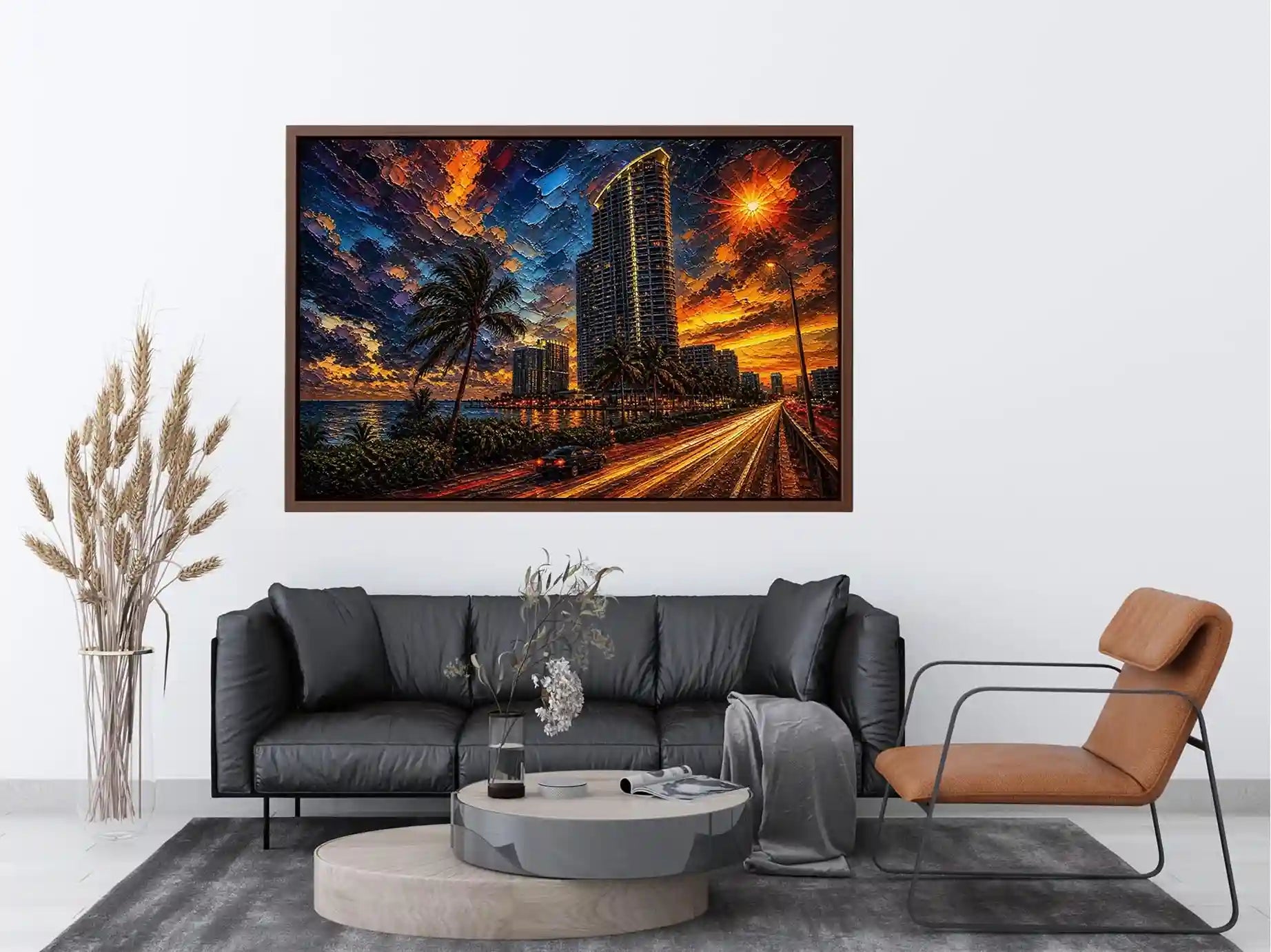 Miami skyline sunset with palm trees and glowing highway light trails