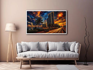 Miami skyline sunset with palm trees and glowing highway light trails
