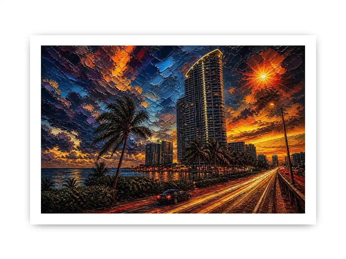 Miami skyline sunset with palm trees and glowing highway light trails
