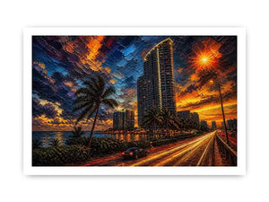 Miami skyline sunset with palm trees and glowing highway light trails