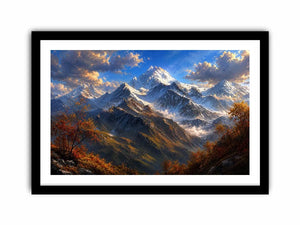 Majestic snow-covered mountain peaks with autumn trees beneath a dramatic blue sky
