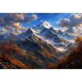Majestic snow-covered mountain peaks with autumn trees beneath a dramatic blue sky
