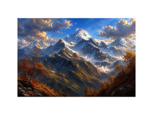 Majestic snow-covered mountain peaks with autumn trees beneath a dramatic blue sky