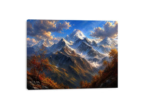 Majestic snow-covered mountain peaks with autumn trees beneath a dramatic blue sky