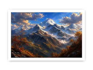 Majestic snow-covered mountain peaks with autumn trees beneath a dramatic blue sky