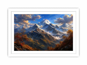 Majestic snow-covered mountain peaks with autumn trees beneath a dramatic blue sky