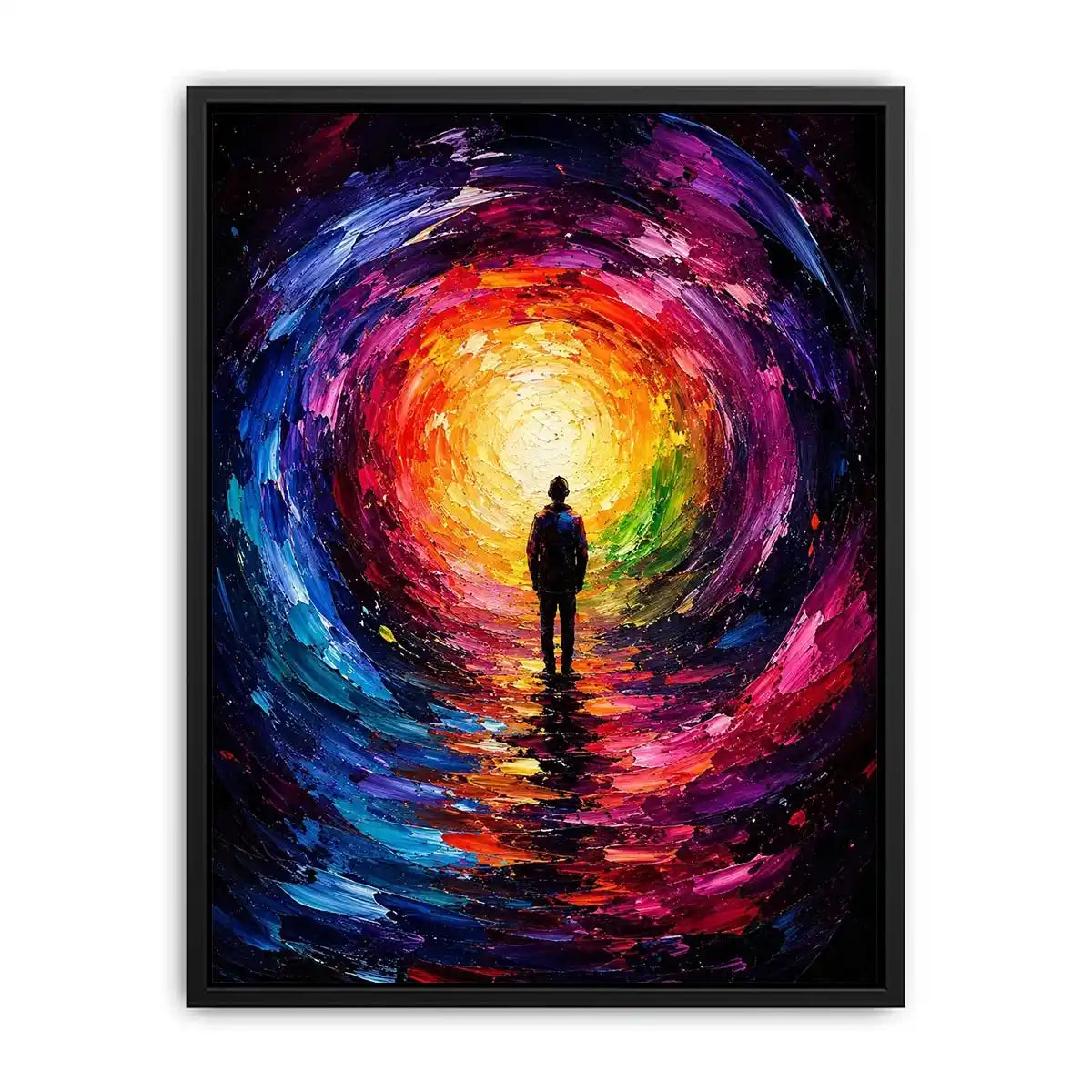 Silhouette figure standing before a glowing colorful abstract cosmic portal