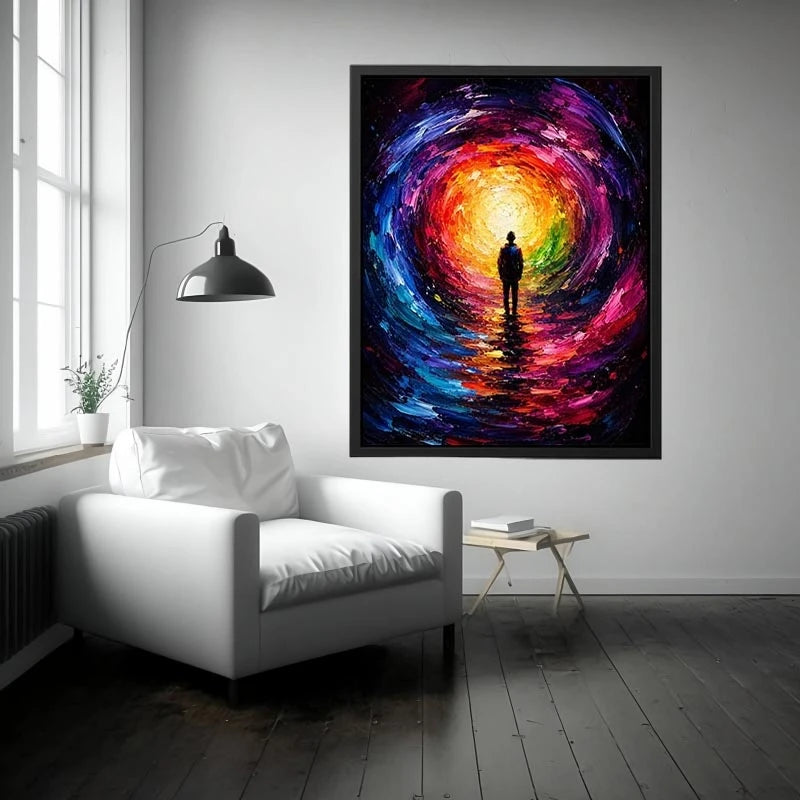 Silhouette figure standing before a glowing colorful abstract cosmic portal