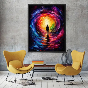 Silhouette figure standing before a glowing colorful abstract cosmic portal