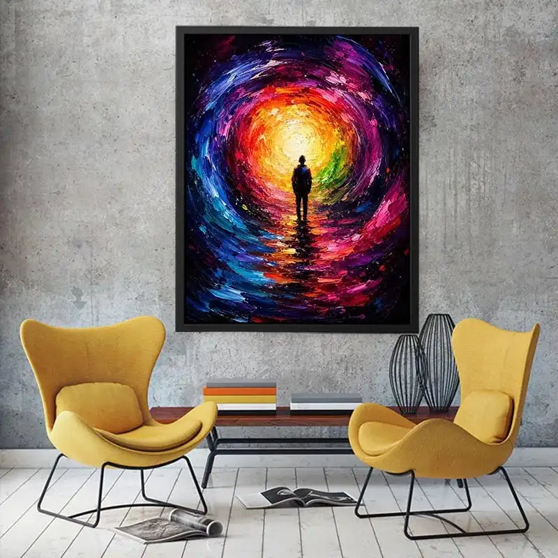 Silhouette figure standing before a glowing colorful abstract cosmic portal