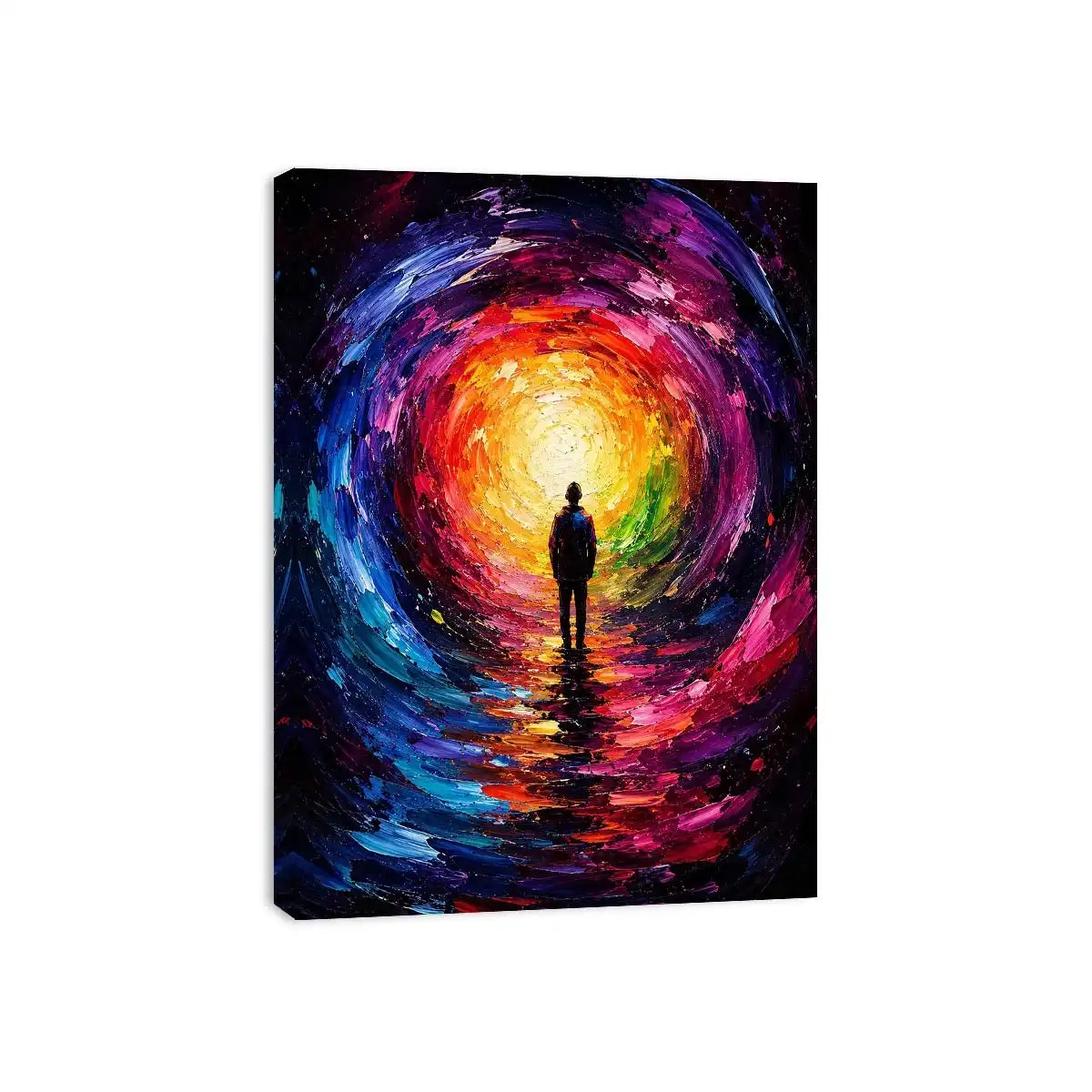 Silhouette figure standing before a glowing colorful abstract cosmic portal