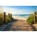 Wooden beach boardwalk leading through coastal dunes toward the ocean shoreline