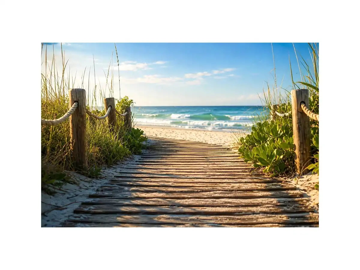 Wooden beach boardwalk leading through coastal dunes toward the ocean shoreline