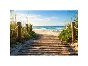 Wooden beach boardwalk leading through coastal dunes toward the ocean shoreline