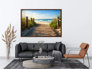 Wooden beach boardwalk leading through coastal dunes toward the ocean shoreline