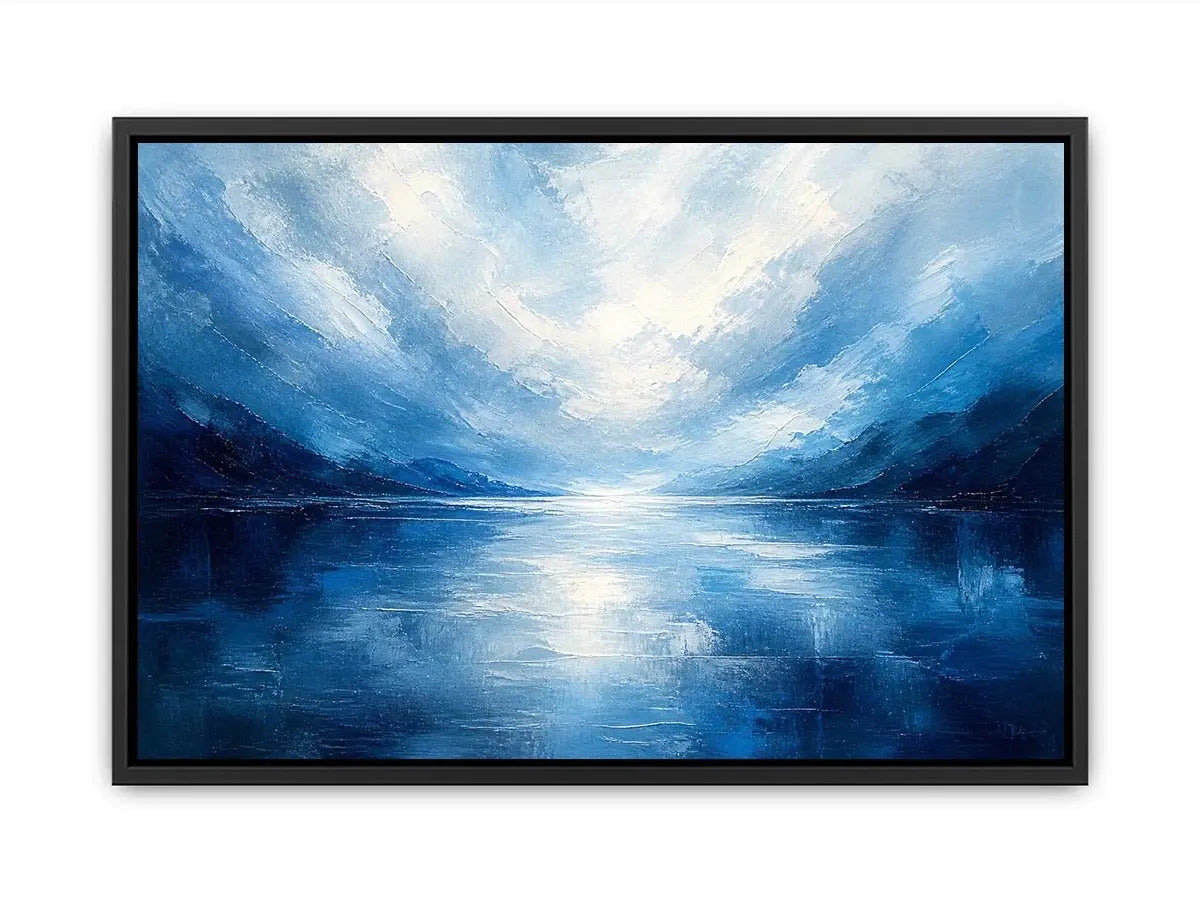 Blue abstract ocean painting with soft horizon and calming textures