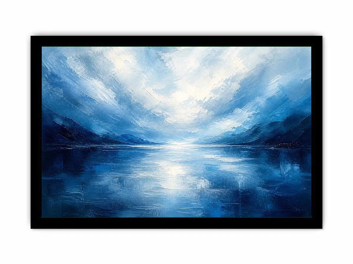 Blue abstract ocean painting with soft horizon and calming textures