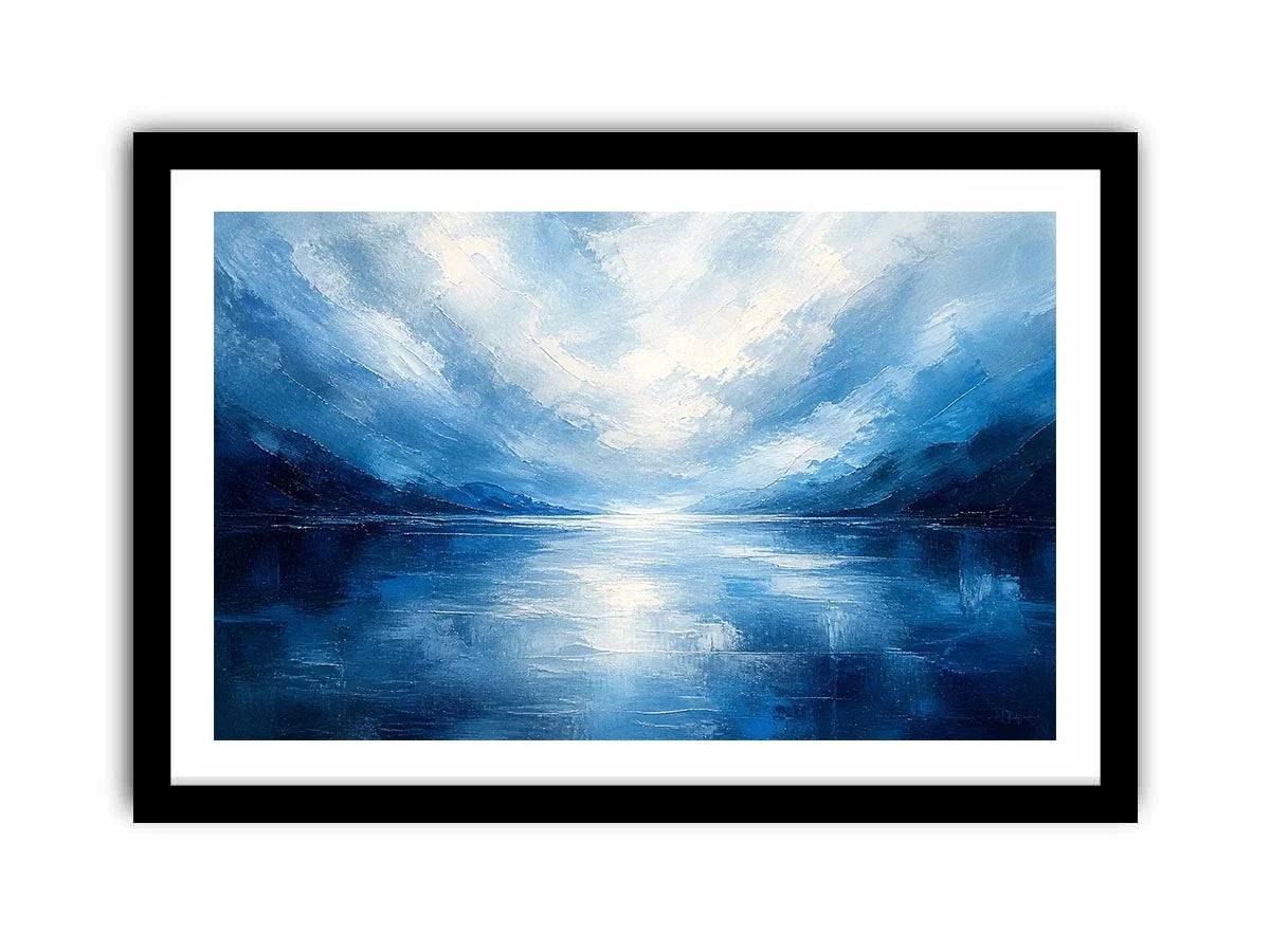 Blue abstract ocean painting with soft horizon and calming textures