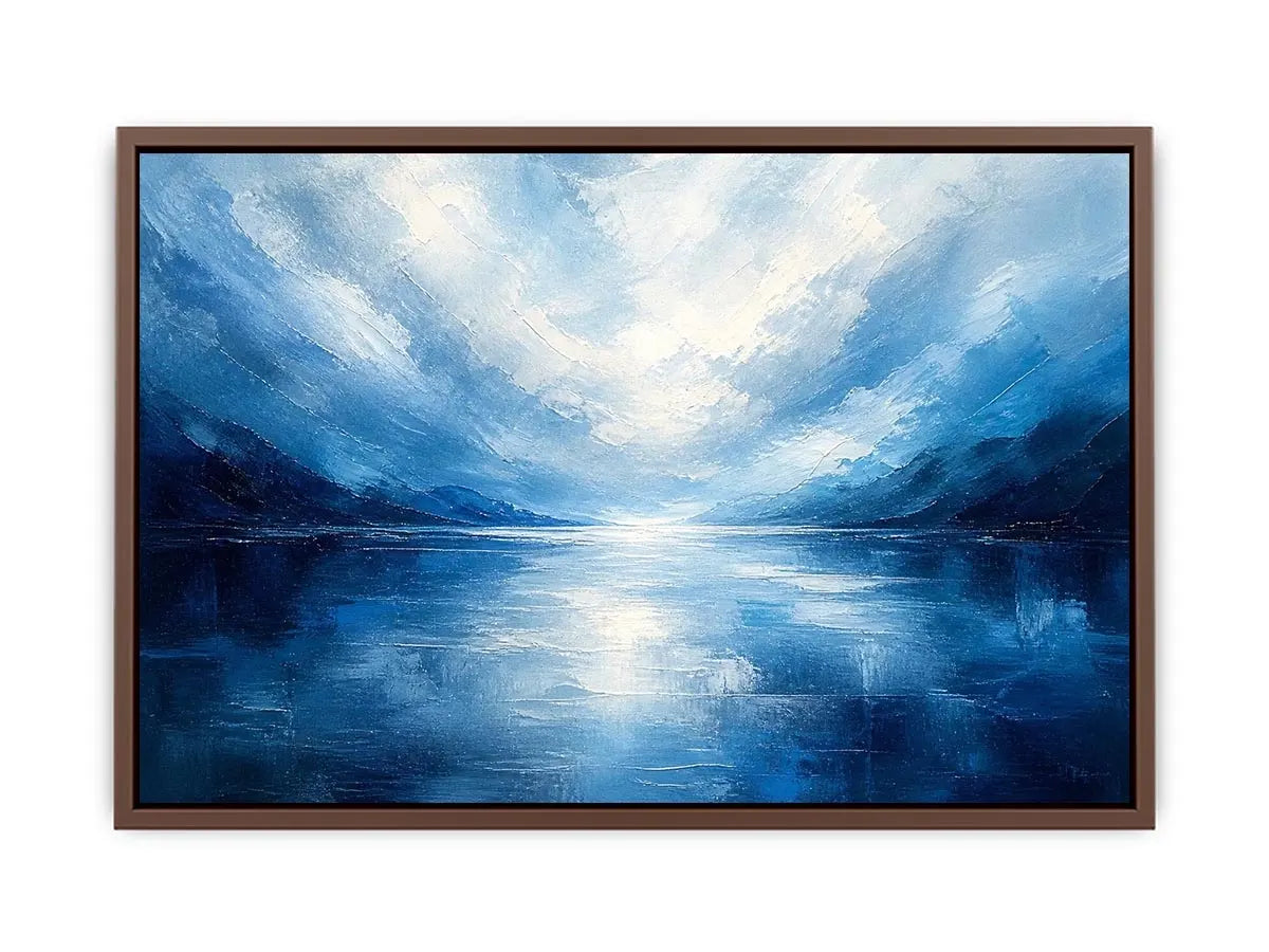 Blue abstract ocean painting with soft horizon and calming textures