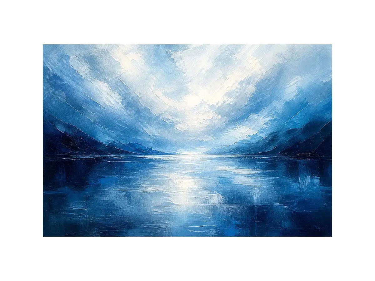 Blue abstract ocean painting with soft horizon and calming textures