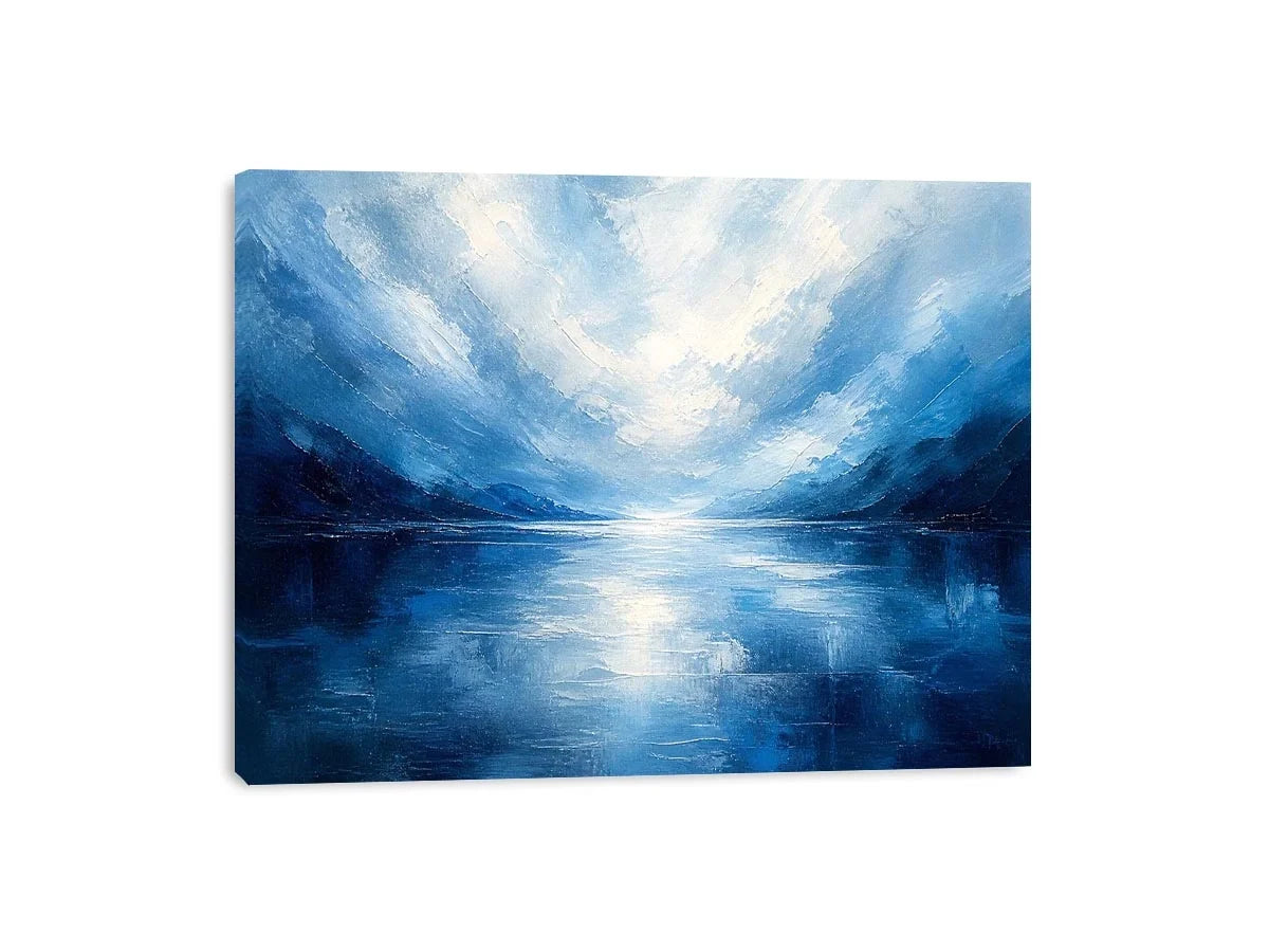 Blue abstract ocean painting with soft horizon and calming textures