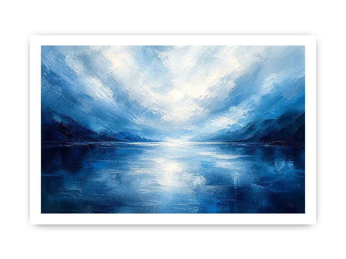 Blue abstract ocean painting with soft horizon and calming textures