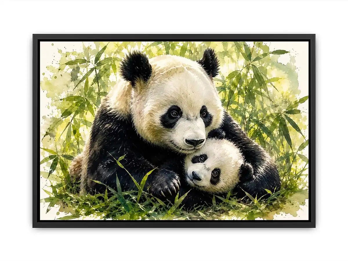 Watercolor painting of a mother panda cuddling a baby panda among bamboo leaves