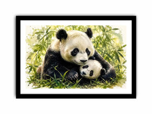 Watercolor painting of a mother panda cuddling a baby panda among bamboo leaves