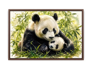 Watercolor painting of a mother panda cuddling a baby panda among bamboo leaves