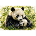 Watercolor painting of a mother panda cuddling a baby panda among bamboo leaves