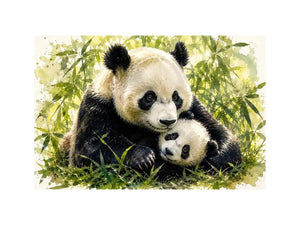 Watercolor painting of a mother panda cuddling a baby panda among bamboo leaves