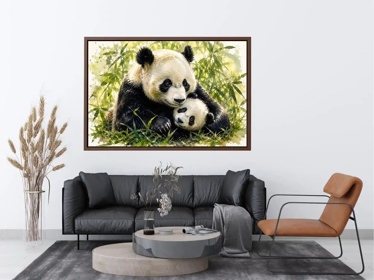 Watercolor painting of a mother panda cuddling a baby panda among bamboo leaves