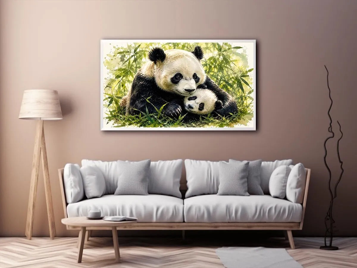 Watercolor painting of a mother panda cuddling a baby panda among bamboo leaves