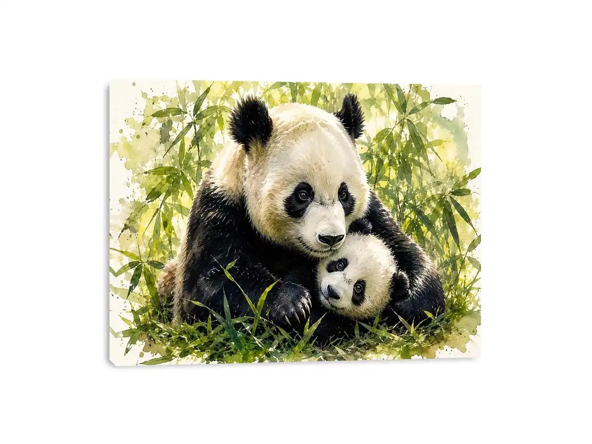 Watercolor painting of a mother panda cuddling a baby panda among bamboo leaves