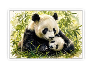 Watercolor painting of a mother panda cuddling a baby panda among bamboo leaves