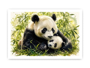 Watercolor painting of a mother panda cuddling a baby panda among bamboo leaves