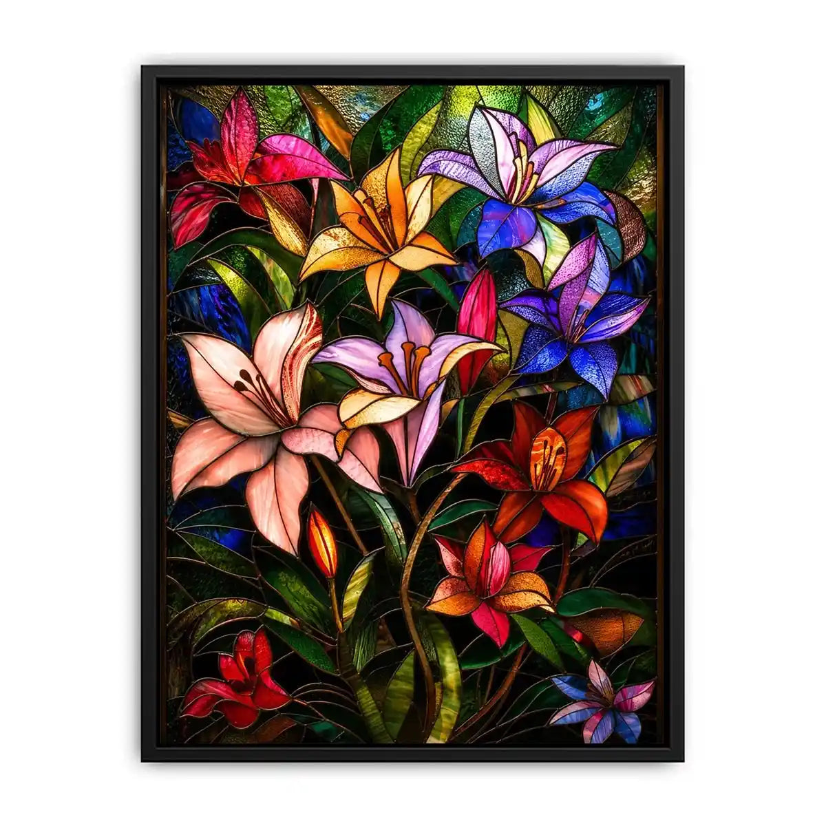 Colorful stained glass style artwork featuring vibrant lilies and tropical flowers surrounded by lush green leaves