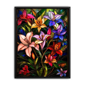Colorful stained glass style artwork featuring vibrant lilies and tropical flowers surrounded by lush green leaves
