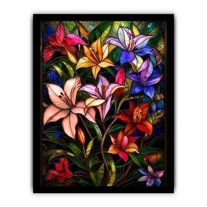 Colorful stained glass style artwork featuring vibrant lilies and tropical flowers surrounded by lush green leaves