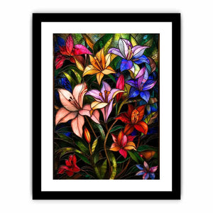 Colorful stained glass style artwork featuring vibrant lilies and tropical flowers surrounded by lush green leaves