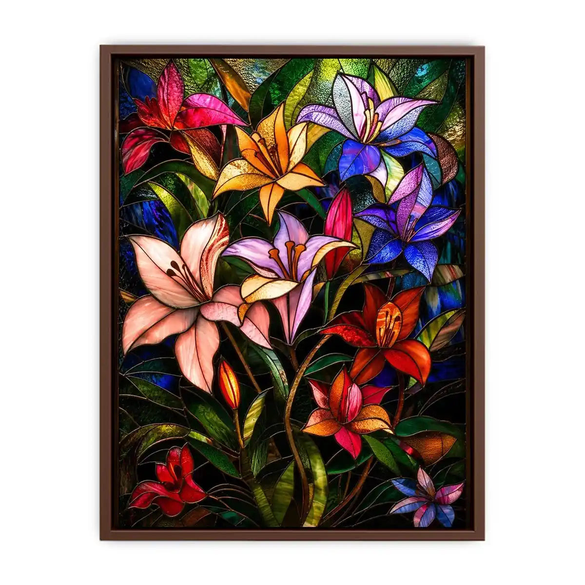 Colorful stained glass style artwork featuring vibrant lilies and tropical flowers surrounded by lush green leaves