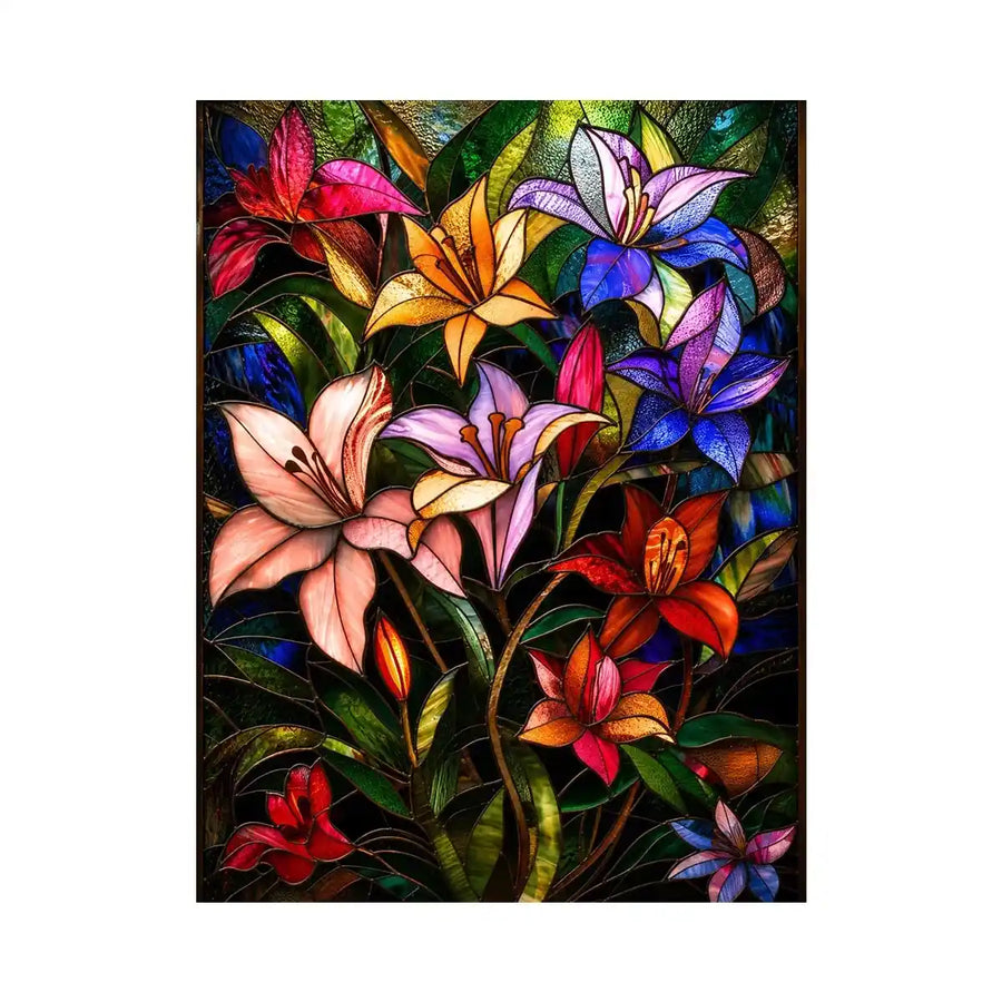 Colorful stained glass style artwork featuring vibrant lilies and tropical flowers surrounded by lush green leaves