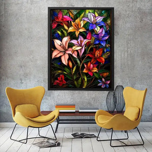 Colorful stained glass style artwork featuring vibrant lilies and tropical flowers surrounded by lush green leaves