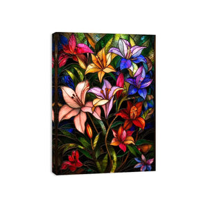 Colorful stained glass style artwork featuring vibrant lilies and tropical flowers surrounded by lush green leaves