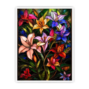Colorful stained glass style artwork featuring vibrant lilies and tropical flowers surrounded by lush green leaves