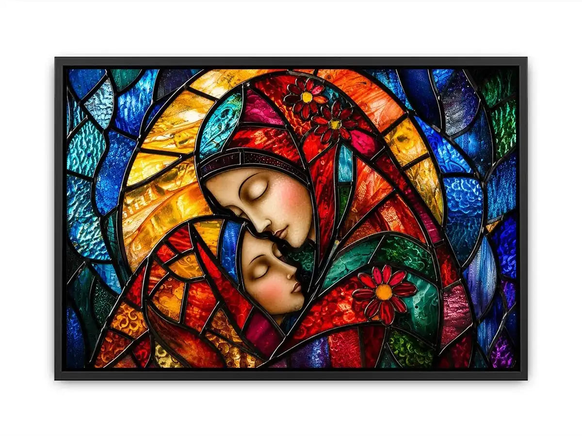 Colorful stained glass style artwork featuring a loving mother gently embracing her sleeping child
