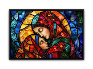 Colorful stained glass style artwork featuring a loving mother gently embracing her sleeping child