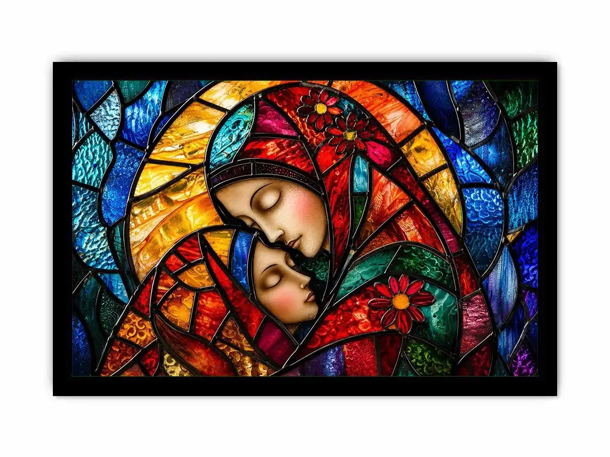 Colorful stained glass style artwork featuring a loving mother gently embracing her sleeping child