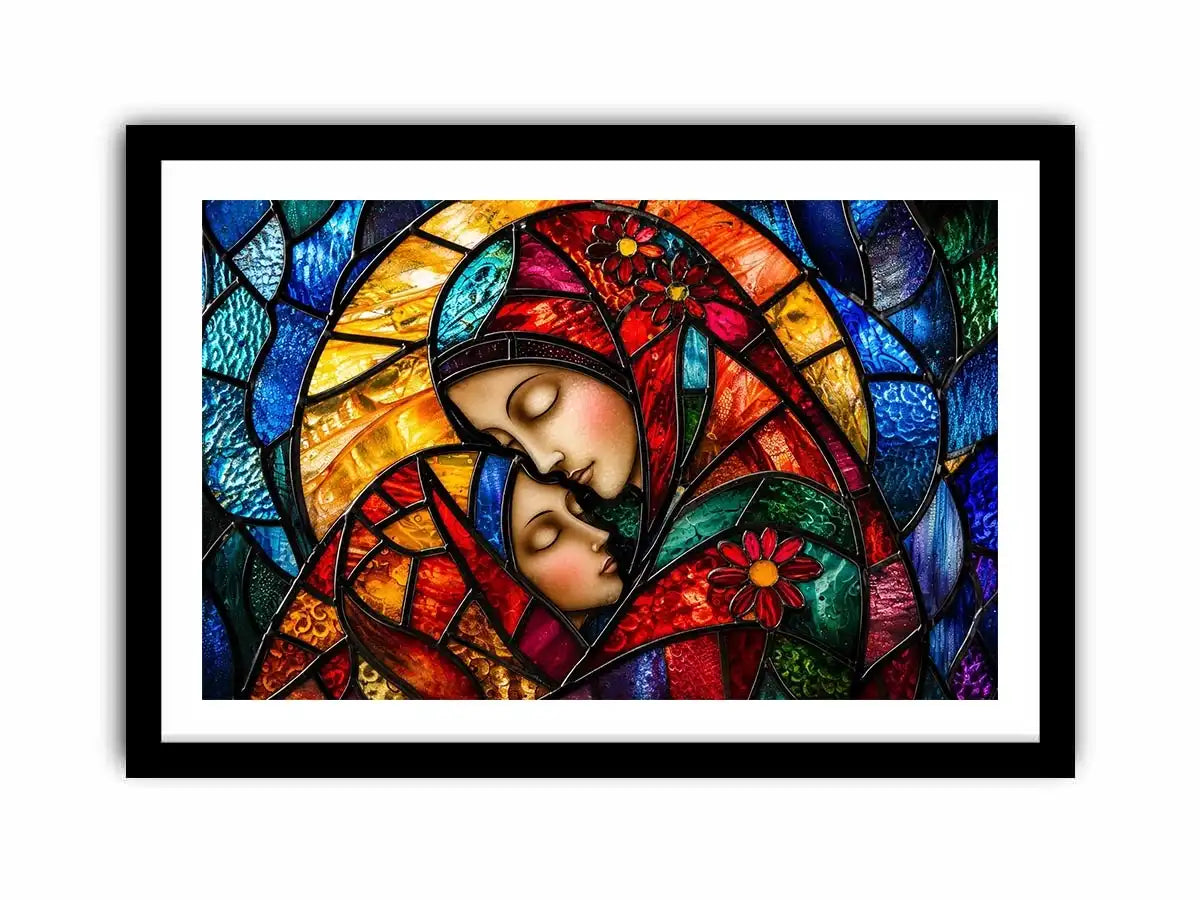 Colorful stained glass style artwork featuring a loving mother gently embracing her sleeping child